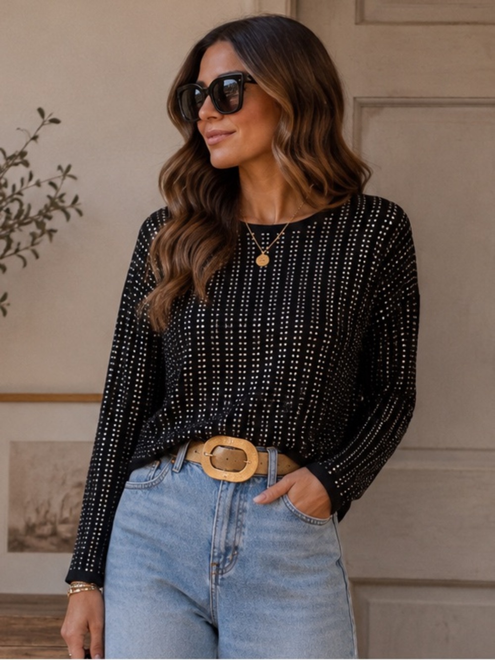 FROM PARIS FRANCE 🇫🇷 ShopEvelynne Black Stud-Detail Long Sleeve Top